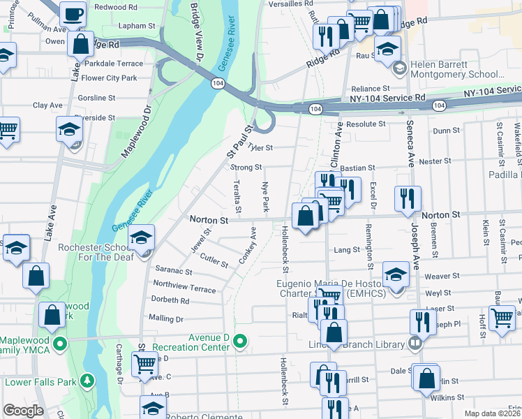 map of restaurants, bars, coffee shops, grocery stores, and more near 234 Norton Street in Rochester