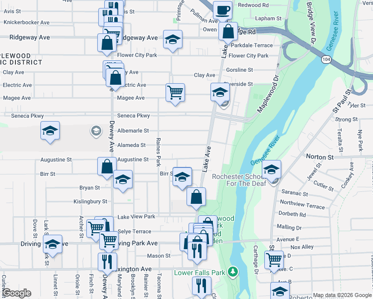 map of restaurants, bars, coffee shops, grocery stores, and more near 54 Augustine Street in Rochester