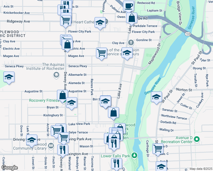 map of restaurants, bars, coffee shops, grocery stores, and more near 54 Augustine Street in Rochester