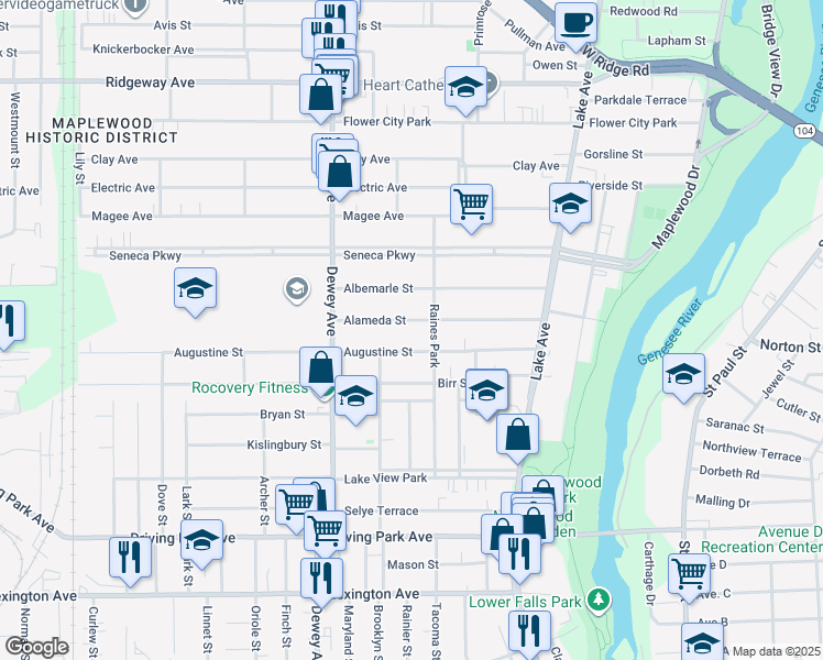 map of restaurants, bars, coffee shops, grocery stores, and more near 160 Augustine Street in Rochester