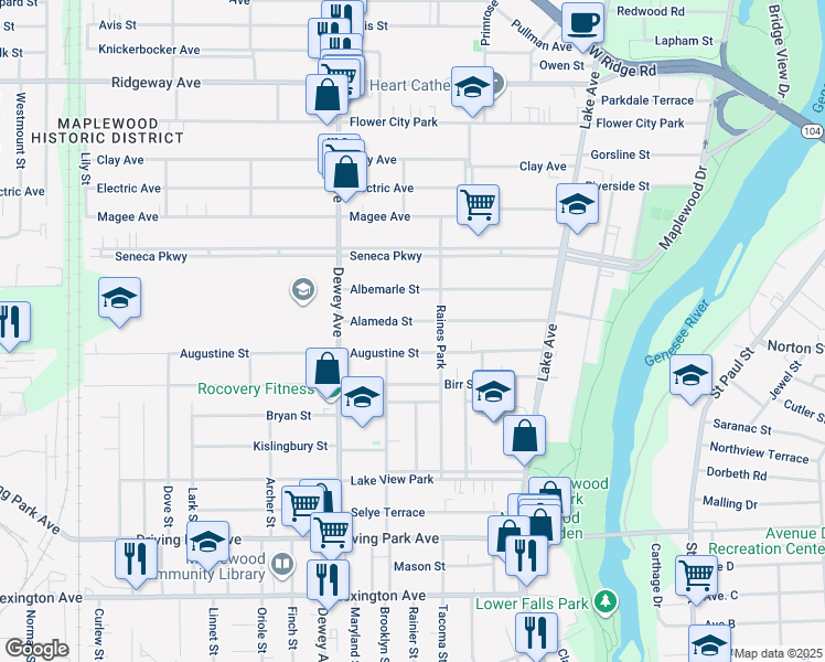map of restaurants, bars, coffee shops, grocery stores, and more near 160 Augustine Street in Rochester