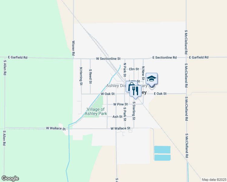 map of restaurants, bars, coffee shops, grocery stores, and more near 329 West Oak Street in Ashley
