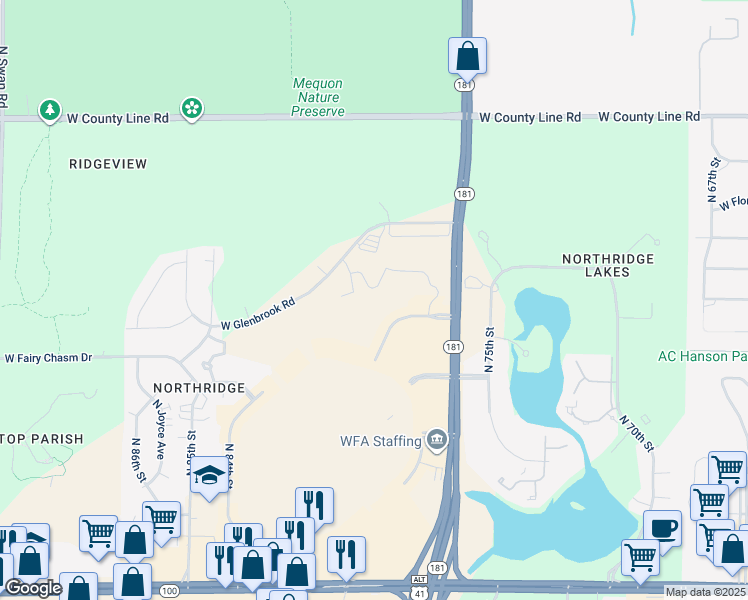 map of restaurants, bars, coffee shops, grocery stores, and more near 9301 North 76th Street in Milwaukee