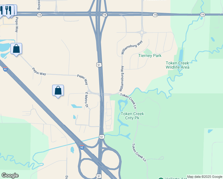 map of restaurants, bars, coffee shops, grocery stores, and more near 6201 Williamsburg Way in DeForest