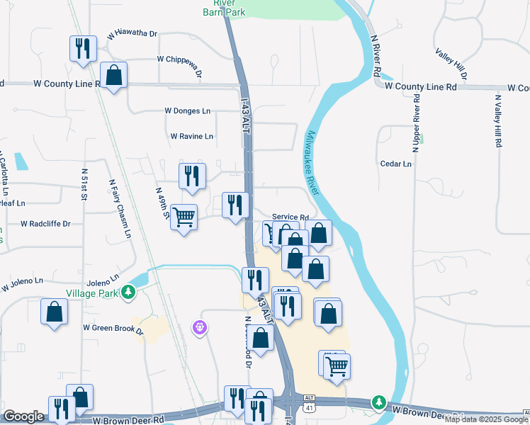 map of restaurants, bars, coffee shops, grocery stores, and more near 4200 Service Road in Brown Deer