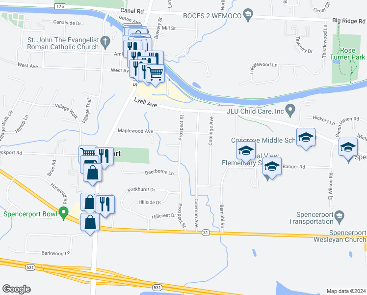 map of restaurants, bars, coffee shops, grocery stores, and more near 70 Prospect Street in Spencerport