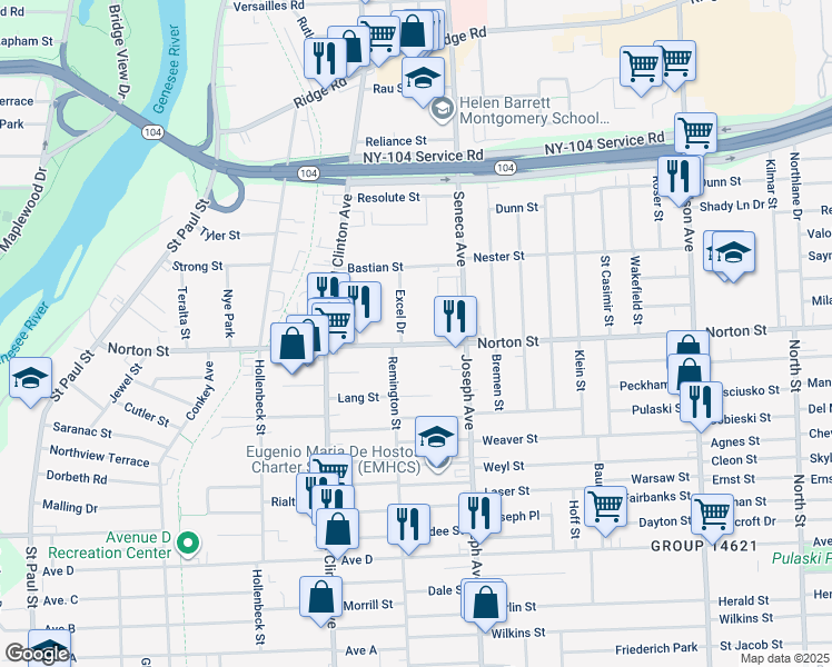 map of restaurants, bars, coffee shops, grocery stores, and more near 501 Norton Street in Rochester