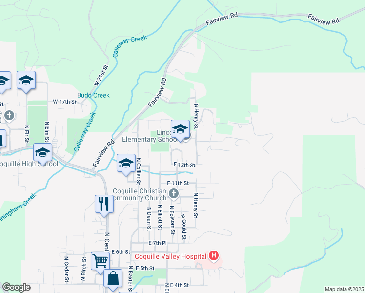 map of restaurants, bars, coffee shops, grocery stores, and more near 1366 North Gould Street in Coquille