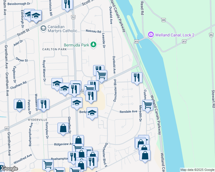 map of restaurants, bars, coffee shops, grocery stores, and more near 189 Dorchester Boulevard in St. Catharines