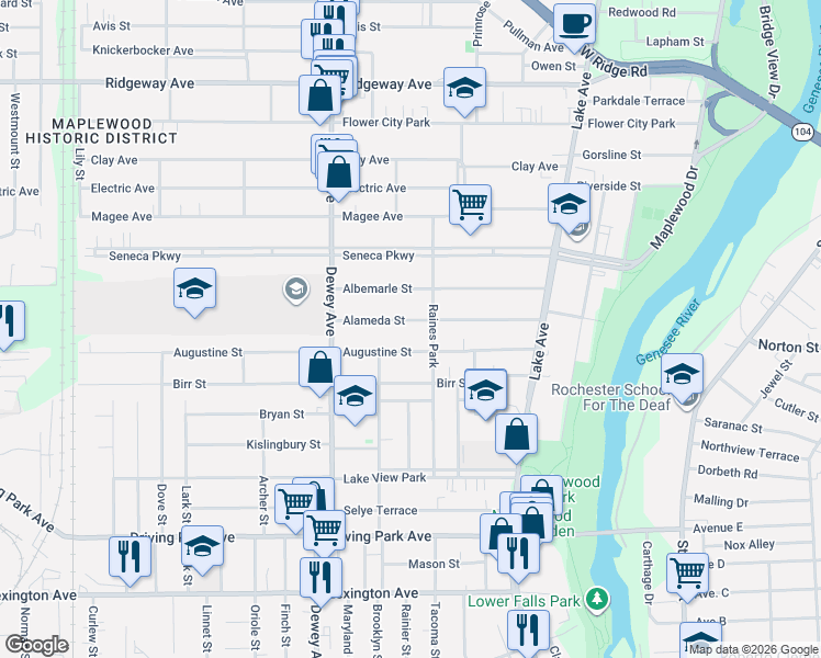map of restaurants, bars, coffee shops, grocery stores, and more near 160 Augustine Street in Rochester