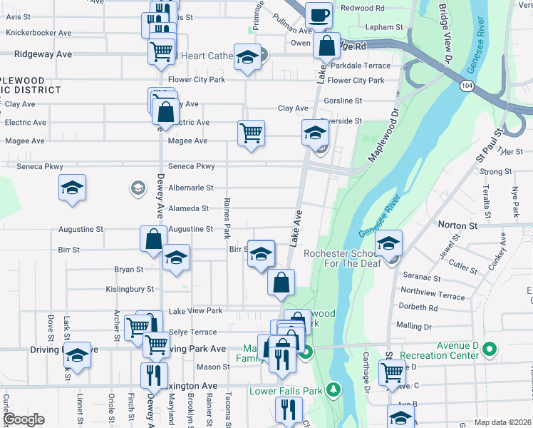 map of restaurants, bars, coffee shops, grocery stores, and more near 54 Augustine Street in Rochester