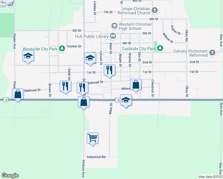 map of restaurants, bars, coffee shops, grocery stores, and more near 1000 Milwaukee Road in Hull