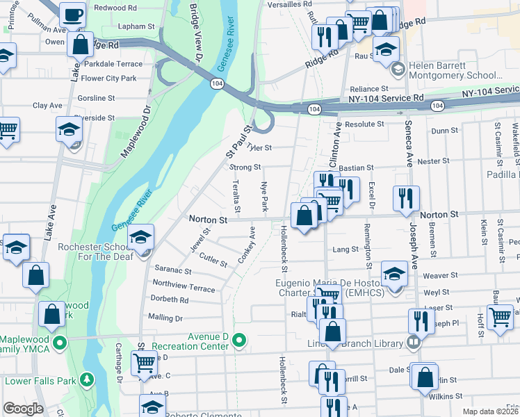 map of restaurants, bars, coffee shops, grocery stores, and more near 234 Norton Street in Rochester