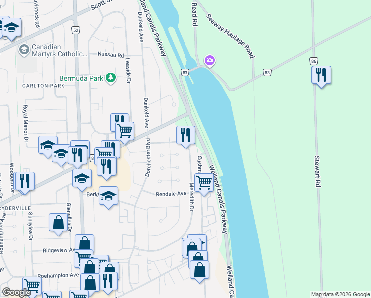 map of restaurants, bars, coffee shops, grocery stores, and more near 111 Meredith Drive in St. Catharines