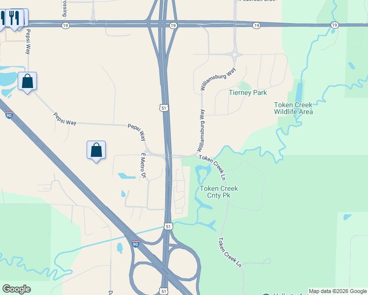 map of restaurants, bars, coffee shops, grocery stores, and more near 6201 Williamsburg Way in DeForest