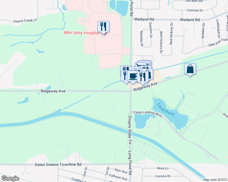 map of restaurants, bars, coffee shops, grocery stores, and more near 2655 Ridgeway Avenue in Rochester