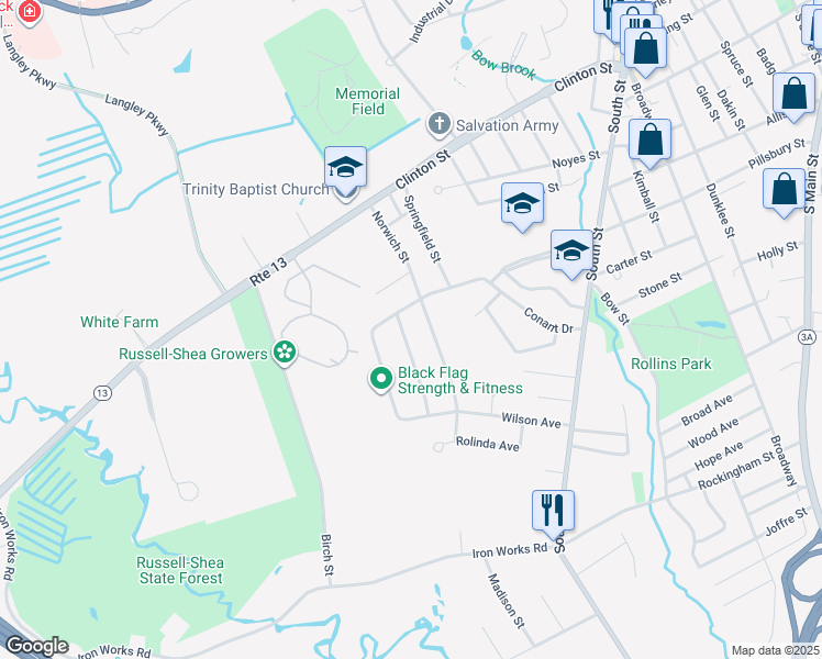 map of restaurants, bars, coffee shops, grocery stores, and more near 6 Middlebury Street in Concord