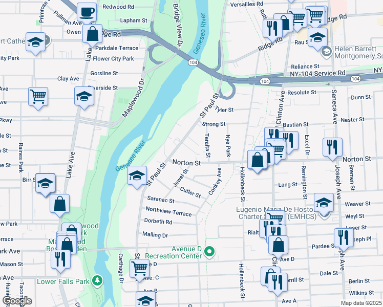 map of restaurants, bars, coffee shops, grocery stores, and more near 130 Norton Street in Rochester