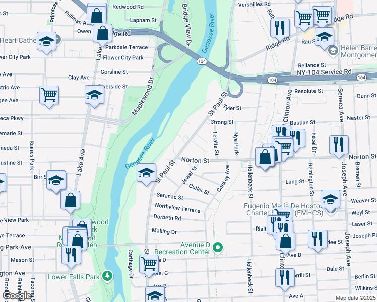 map of restaurants, bars, coffee shops, grocery stores, and more near 80 Norton Street in Rochester