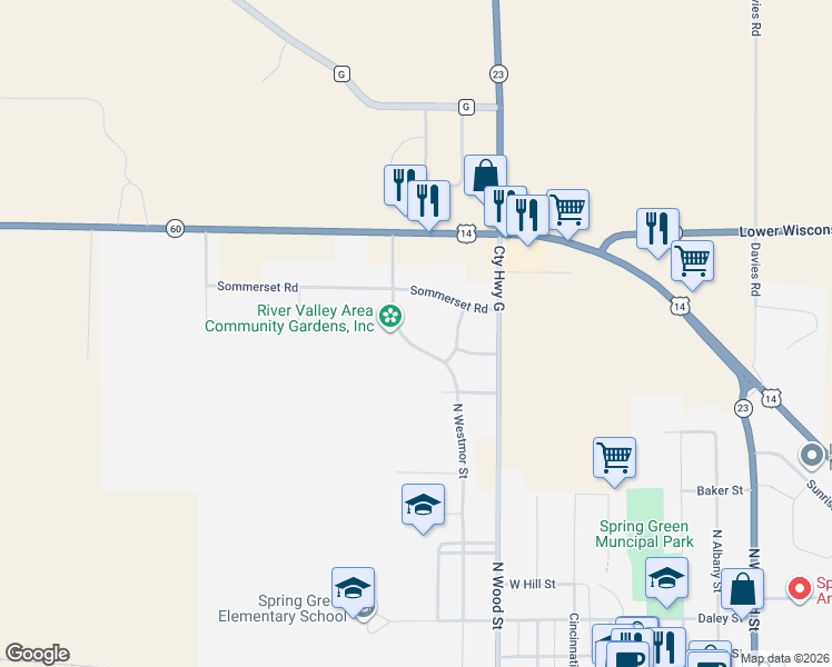 map of restaurants, bars, coffee shops, grocery stores, and more near 820 North Westmor Street in Spring Green