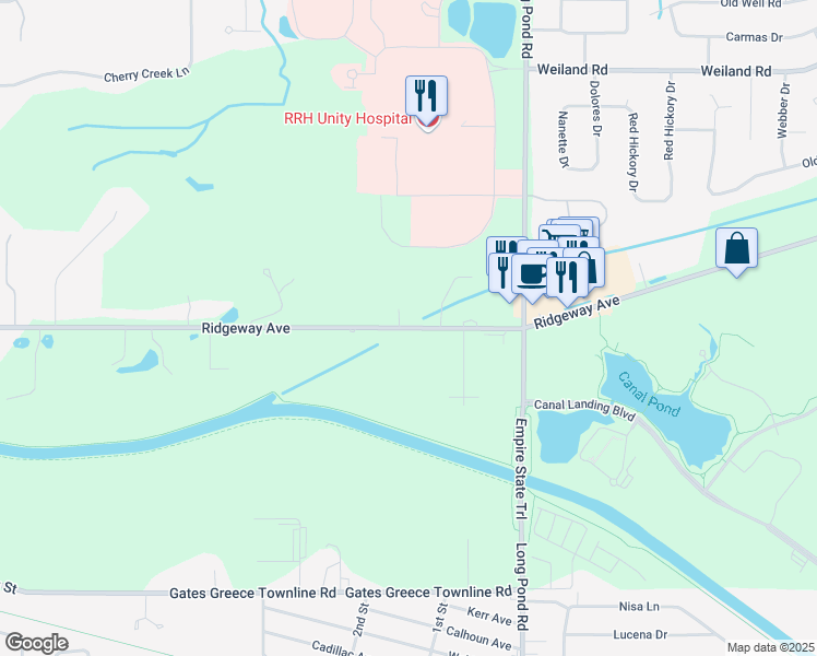 map of restaurants, bars, coffee shops, grocery stores, and more near 2655 Ridgeway Avenue in Rochester