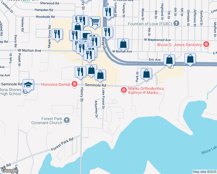 map of restaurants, bars, coffee shops, grocery stores, and more near 635 Seminole Road in Norton Shores