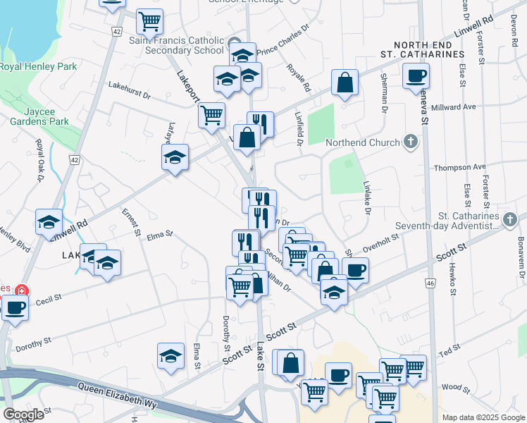 map of restaurants, bars, coffee shops, grocery stores, and more near 38 Arran Drive in St. Catharines