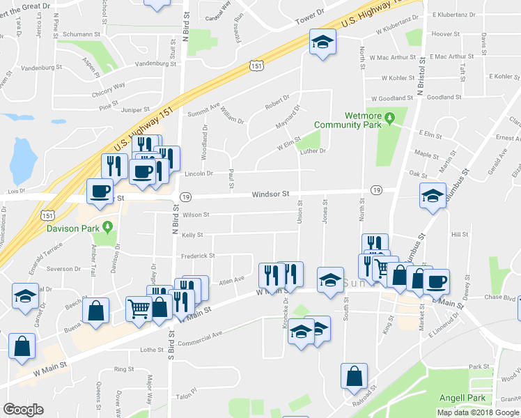 map of restaurants, bars, coffee shops, grocery stores, and more near 526 Wilson Street in Sun Prairie