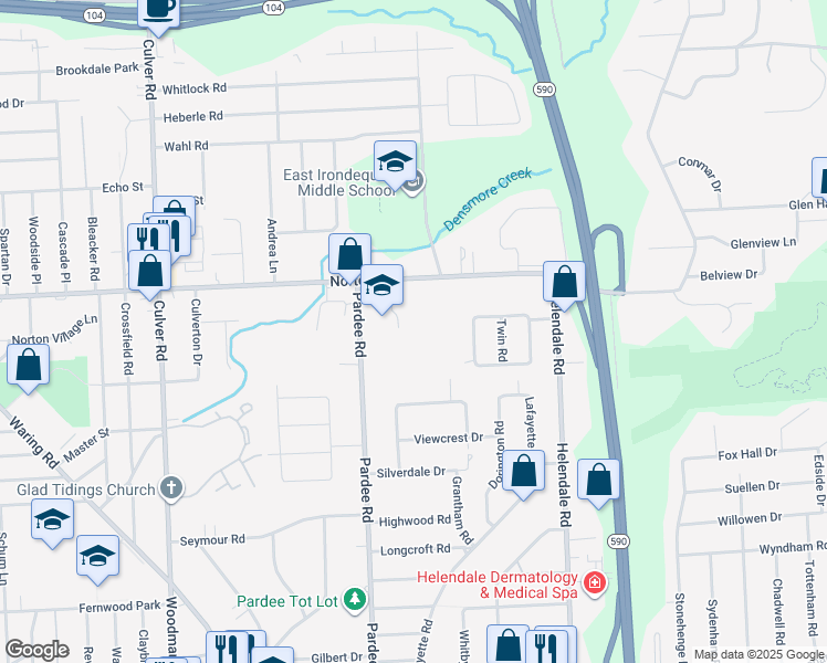 map of restaurants, bars, coffee shops, grocery stores, and more near 600 Pardee Road in Rochester