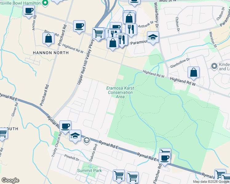 map of restaurants, bars, coffee shops, grocery stores, and more near 74 Upper Mount Albion Road in Hamilton