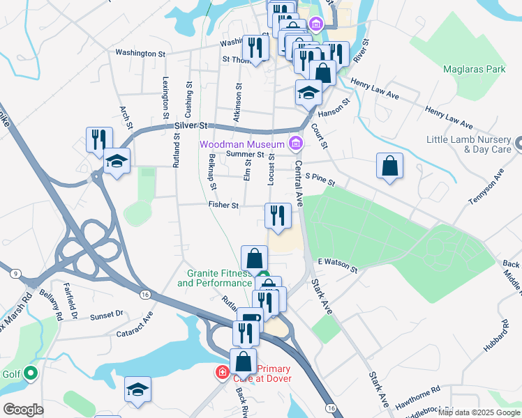 map of restaurants, bars, coffee shops, grocery stores, and more near 207 Locust Street in Dover