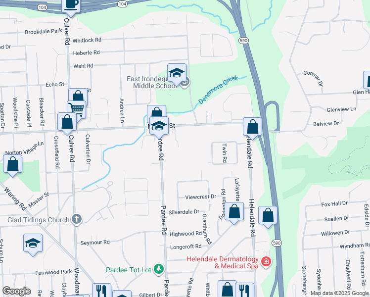 map of restaurants, bars, coffee shops, grocery stores, and more near 600 Pardee Road in Rochester