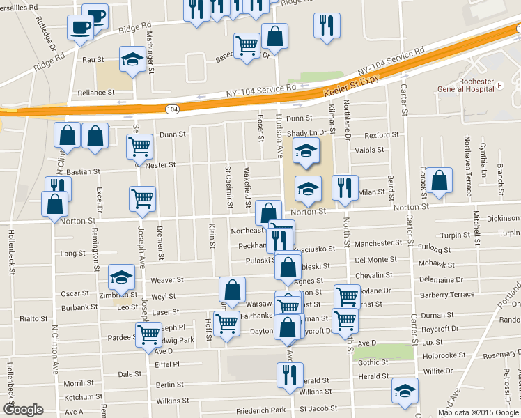 map of restaurants, bars, coffee shops, grocery stores, and more near 823 Norton Street in Rochester