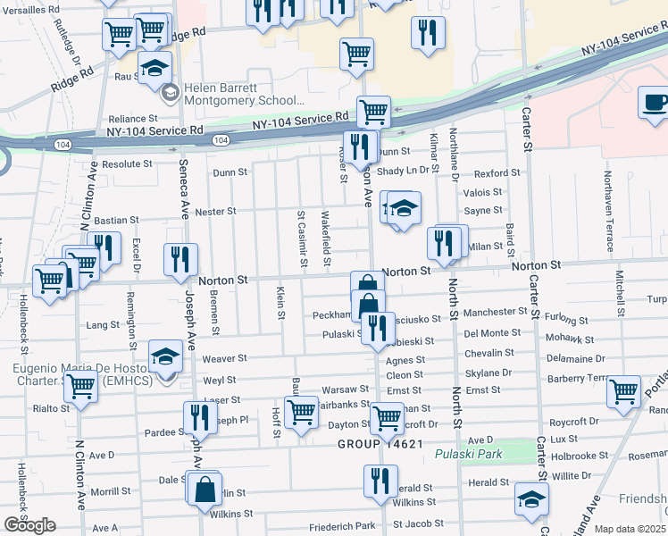 map of restaurants, bars, coffee shops, grocery stores, and more near 823 Norton Street in Rochester