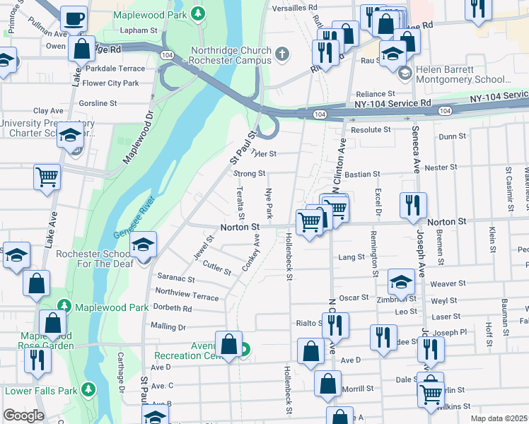 map of restaurants, bars, coffee shops, grocery stores, and more near 234 Norton Street in Rochester
