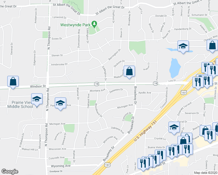 map of restaurants, bars, coffee shops, grocery stores, and more near 1813 Delaware Drive in Sun Prairie