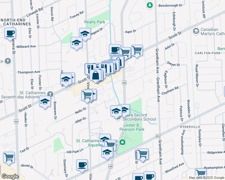 map of restaurants, bars, coffee shops, grocery stores, and more near 17 Old Pine Trail in Saint Catharines
