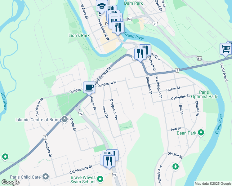 map of restaurants, bars, coffee shops, grocery stores, and more near 9 Long Lane in Brant