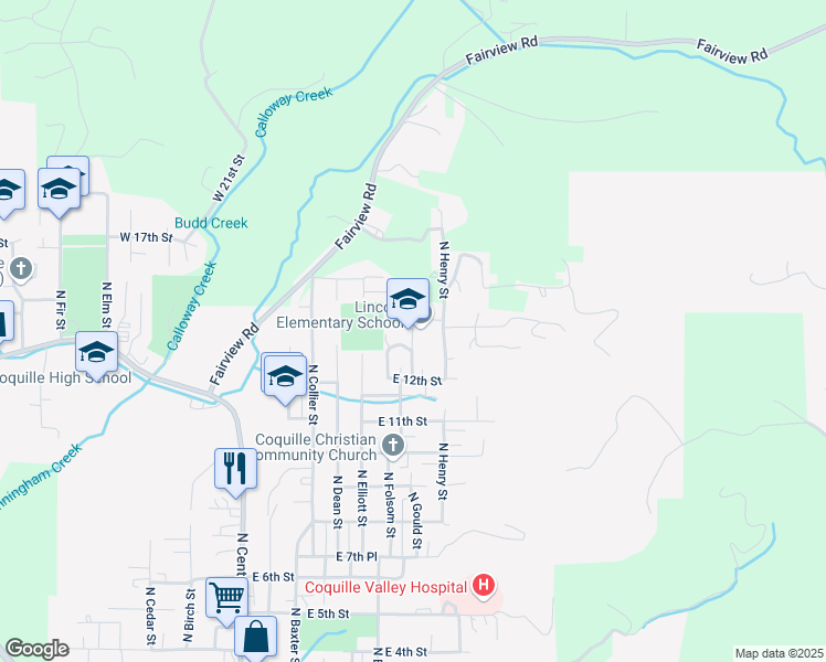 map of restaurants, bars, coffee shops, grocery stores, and more near 1366 North Gould Street in Coquille