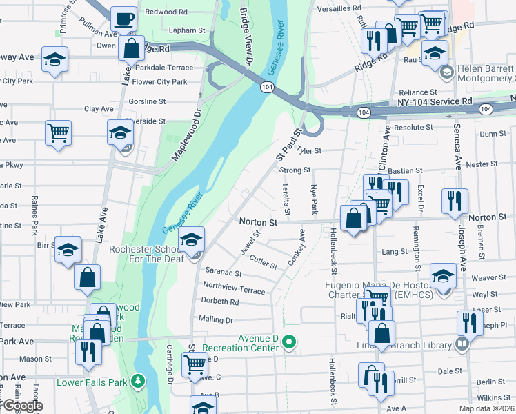 map of restaurants, bars, coffee shops, grocery stores, and more near 3 Emanon Street in Rochester