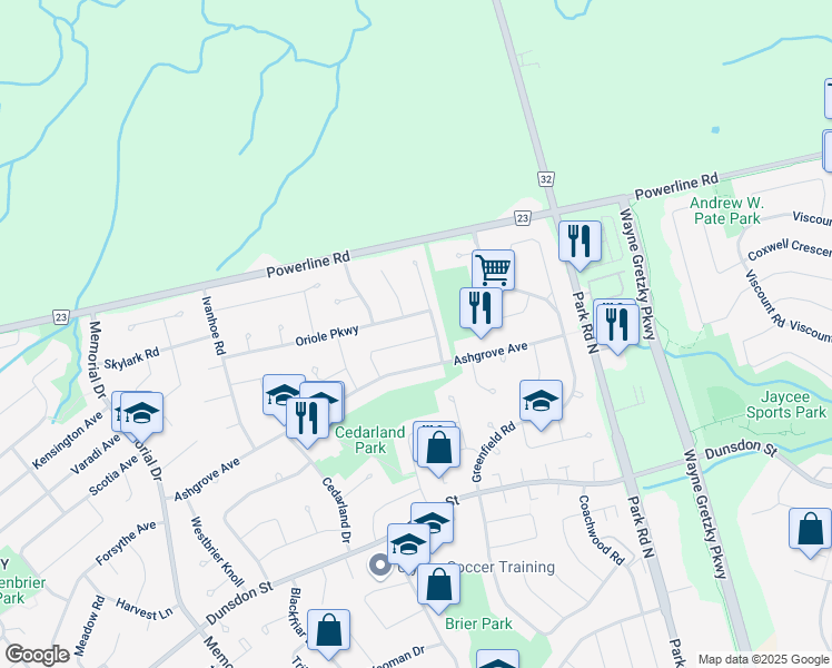map of restaurants, bars, coffee shops, grocery stores, and more near 33 Greenwood Trail in Brantford