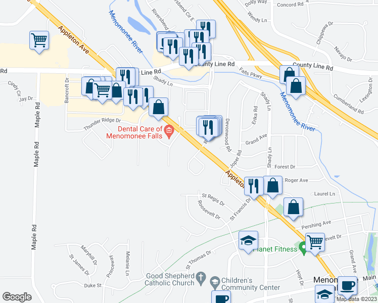 map of restaurants, bars, coffee shops, grocery stores, and more near N93W17744 White Oak Circle in Menomonee Falls