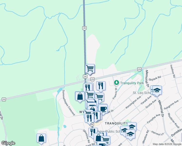 map of restaurants, bars, coffee shops, grocery stores, and more near 358 King George Road in Brantford