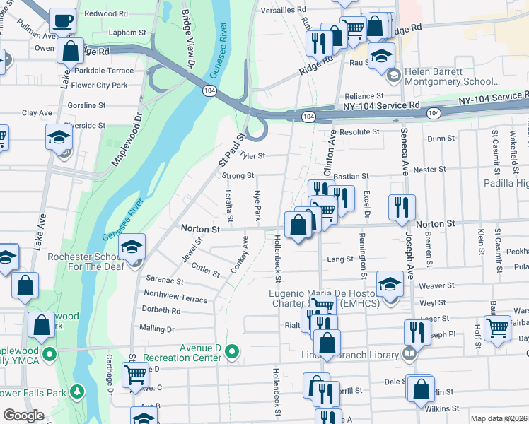 map of restaurants, bars, coffee shops, grocery stores, and more near 234 Norton Street in Rochester