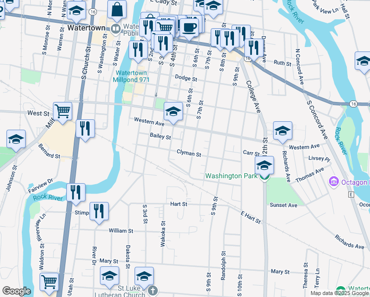 map of restaurants, bars, coffee shops, grocery stores, and more near 611 Clyman Street in Watertown