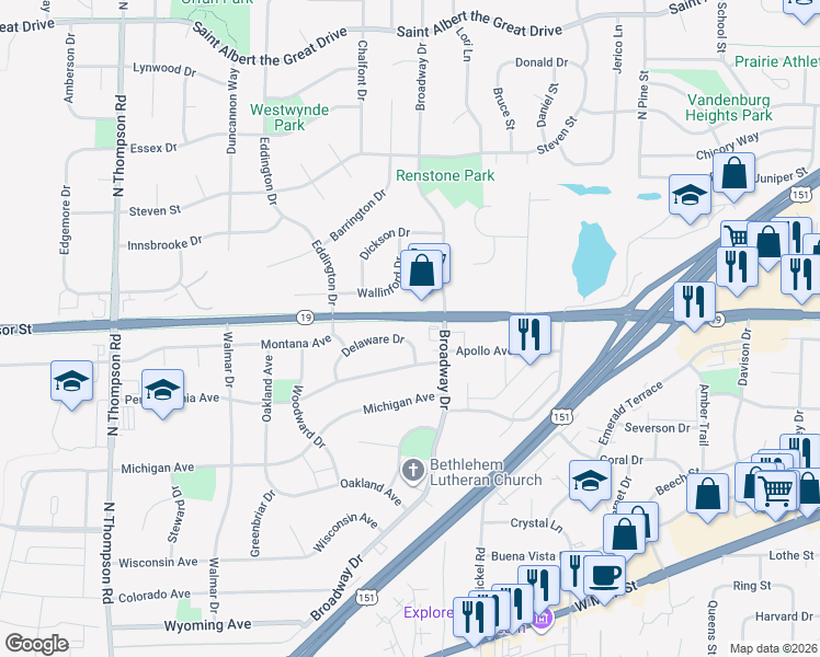 map of restaurants, bars, coffee shops, grocery stores, and more near 1714 Delaware Drive in Sun Prairie
