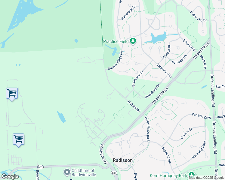 map of restaurants, bars, coffee shops, grocery stores, and more near 8582 Woodsboro Drive in Baldwinsville