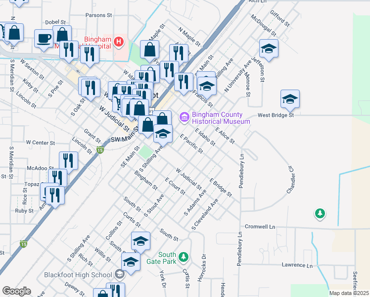 map of restaurants, bars, coffee shops, grocery stores, and more near 289 East Bridge Street in Blackfoot