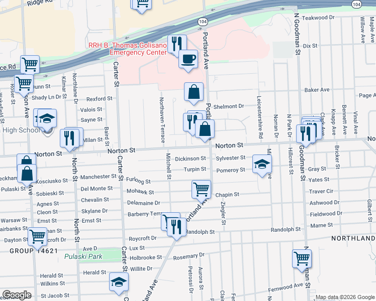 map of restaurants, bars, coffee shops, grocery stores, and more near 63 Dickinson Street in Rochester
