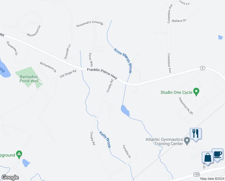 map of restaurants, bars, coffee shops, grocery stores, and more near 32 Crosby Road in Dover